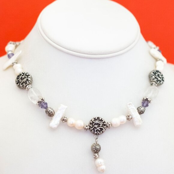 18 inch, Vintage Lovely Pearls Silver Tone Art Nouveau Necklace - F47 - Picture 2 of 3